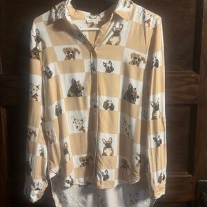 Jane + Delancey Size M Button Down Shirt French Bulldog Pug Mixed Dog Print Top